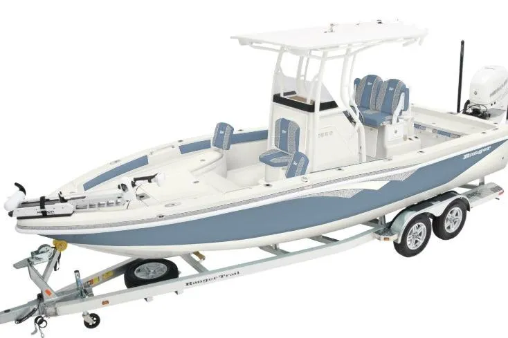 Slide: The Image of 2026 Ranger 2360 Bay boat on trailer, featuring sleek design and modern amenities. - 3
