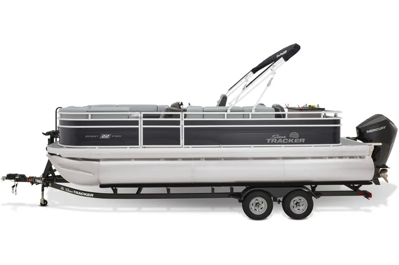 Slide: The Image of 2026 Sun Tracker SportFish 22 XP3 pontoon boat with gray seating and cup holders. - 26