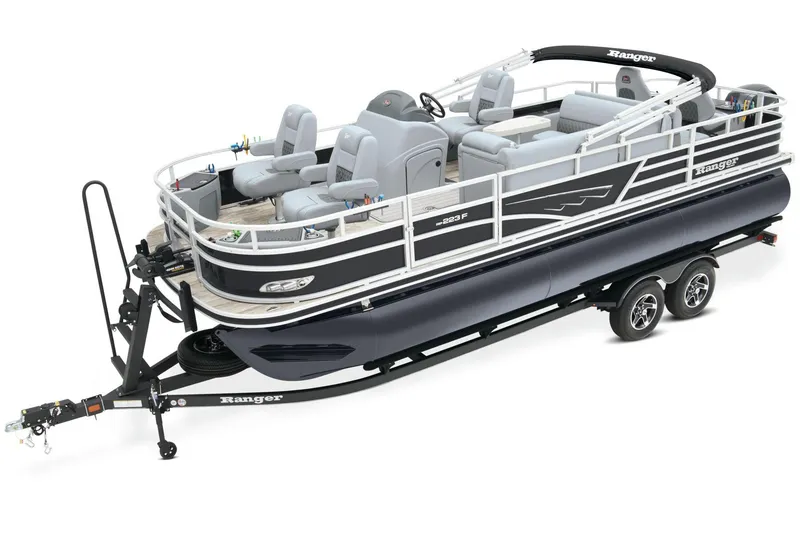 The Image of 2025 Ranger Reata 223F pontoon boat on trailer, red and black design. - 0