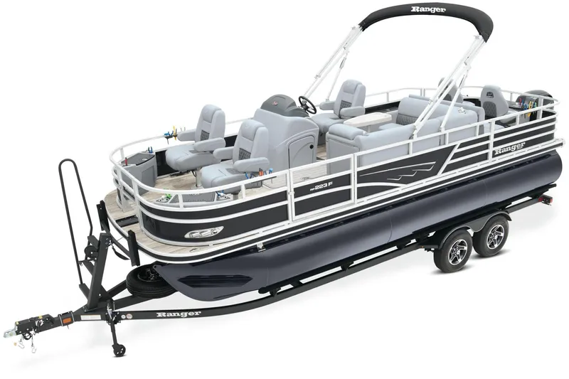 Slide: The Image of 2025 Ranger Reata 223F boat with powerful outboard motor in a parking lot. - 2
