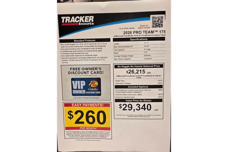 Slide: The Image of 2026 Tracker Pro Team 175 boat specifications and pricing details with easy payment options. - 59