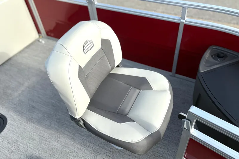 Slide: The Image of 2026 Sun Tracker Fishin' Barge 22 XP3 boat seat, white and gray upholstery. - 121