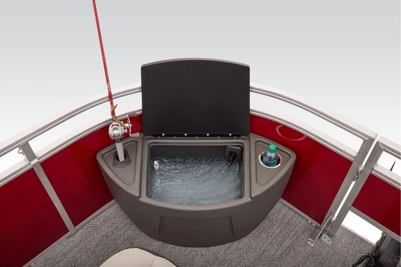 Slide: The Image of 2026 Sun Tracker Fishin' Barge 22 XP3 boat seat, gray and white upholstery. - 27