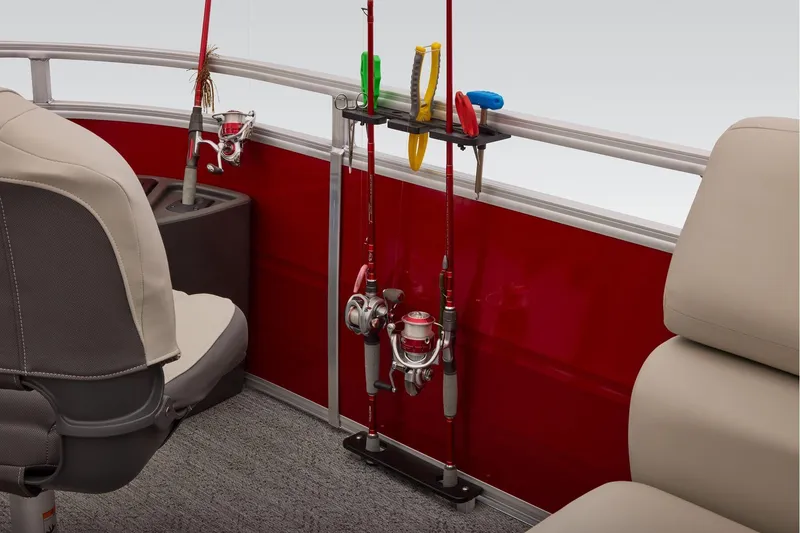 Slide: The Image of 2026 Sun Tracker Fishin' Barge 22 XP3 interior with seating and control panel. - 30