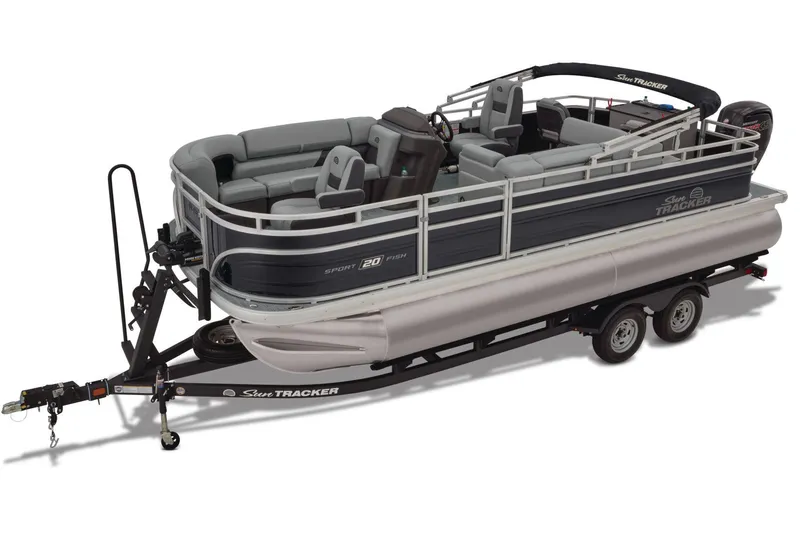The Image of 2026 Sun Tracker SportFish 20 DLX pontoon boat on trailer, parked outdoors. - 0