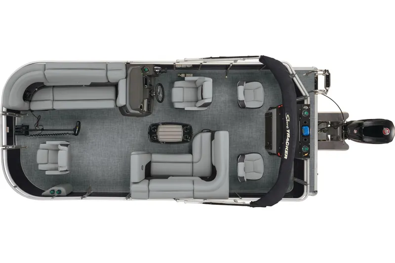 Slide: The Image of 2026 Sun Tracker SportFish 20 DLX pontoon boat interior with gray seating and steering console. - 10