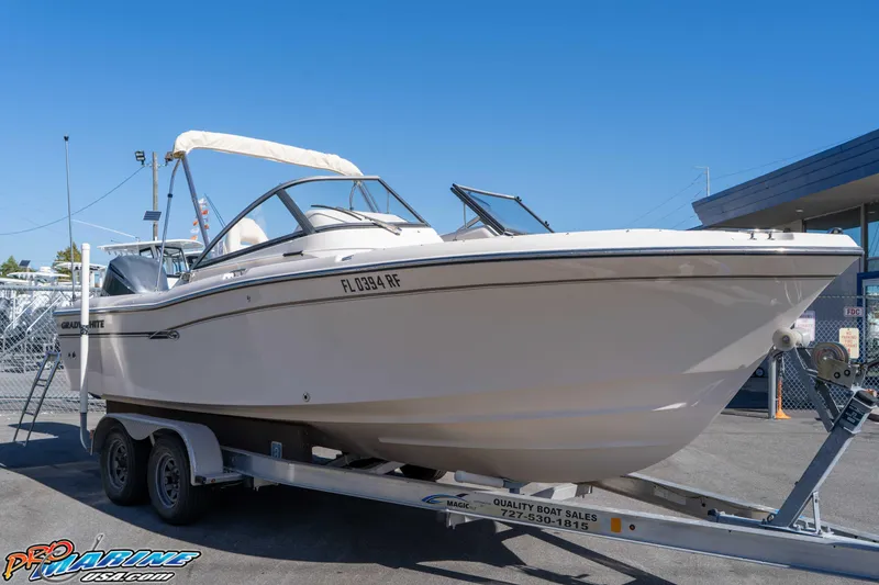 Slide: The Image of 2016 Grady-White Freedom 225 boat on trailer, displayed outdoors under clear blue sky. - 17