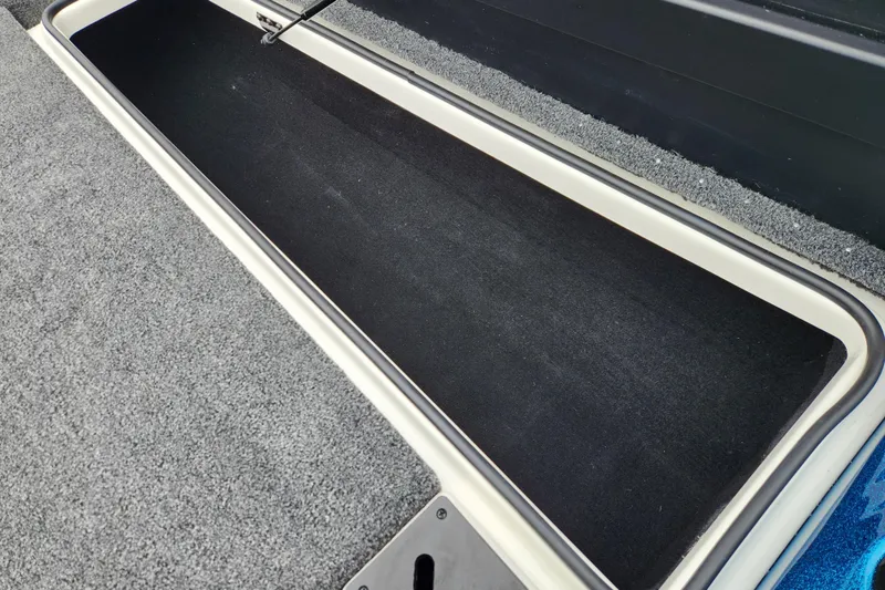 Slide: The Image of 2026 Triton 19 TrX Patriot boat storage compartment with carpeted interior. - 11
