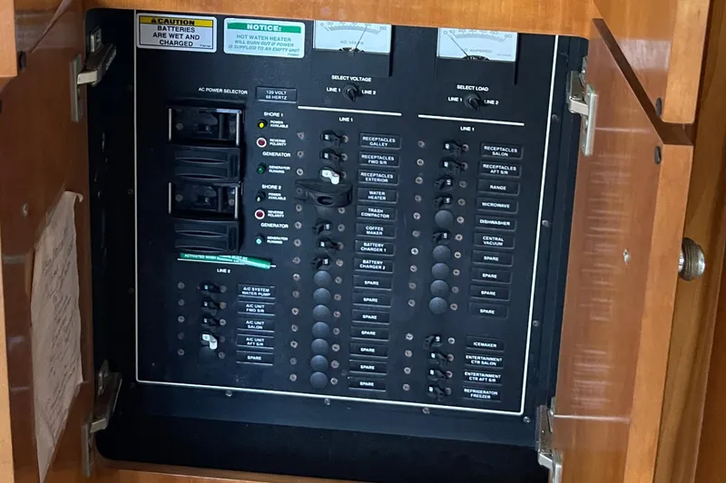 Slide: The Image of Electrical panel of 2001 Carver 444 Cockpit Motor Yacht, showcasing circuit breakers and controls. - 21