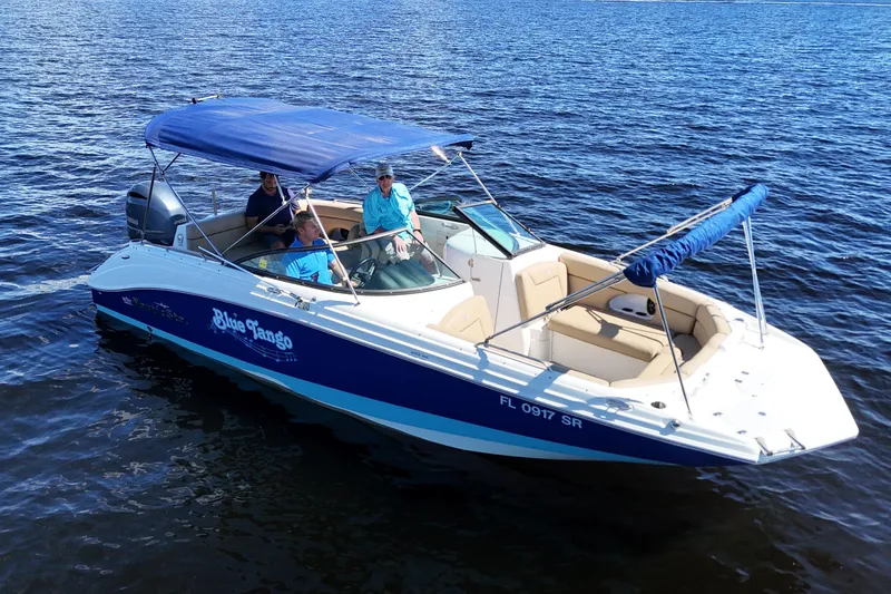 The Image of 2020 NauticStar 243 DC boat on water with blue canopy and passengers. - 0