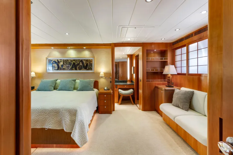 Slide: The Image of Luxurious yacht bedroom with wood paneling, cozy seating, and a wall-mounted TV, 2005 Custom model. - 54