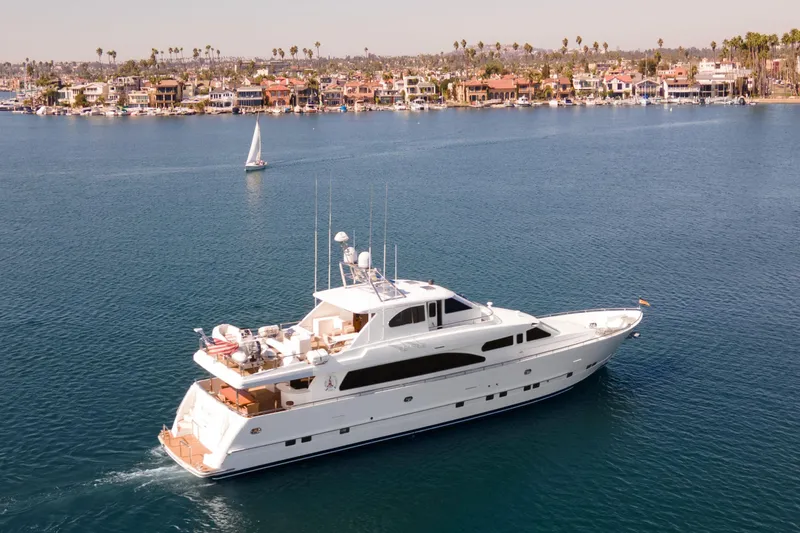 Slide: The Image of Luxury yacht cruising in a sunny marina, surrounded by calm waters and palm trees. - 6