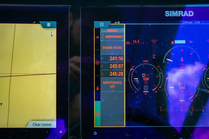 Slide: The Image of Simrad marine display showing engine hours and maintenance for 2021 Sea Ray Sundancer 320 Outboard. - 25