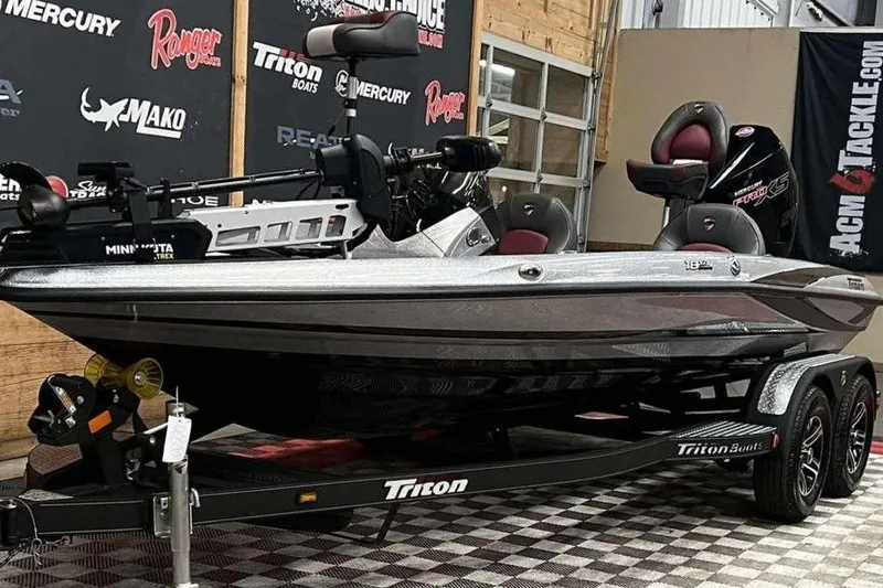 Slide: The Image of 2026 Triton 18 TrX boat on display with trailer in showroom setting. - 8