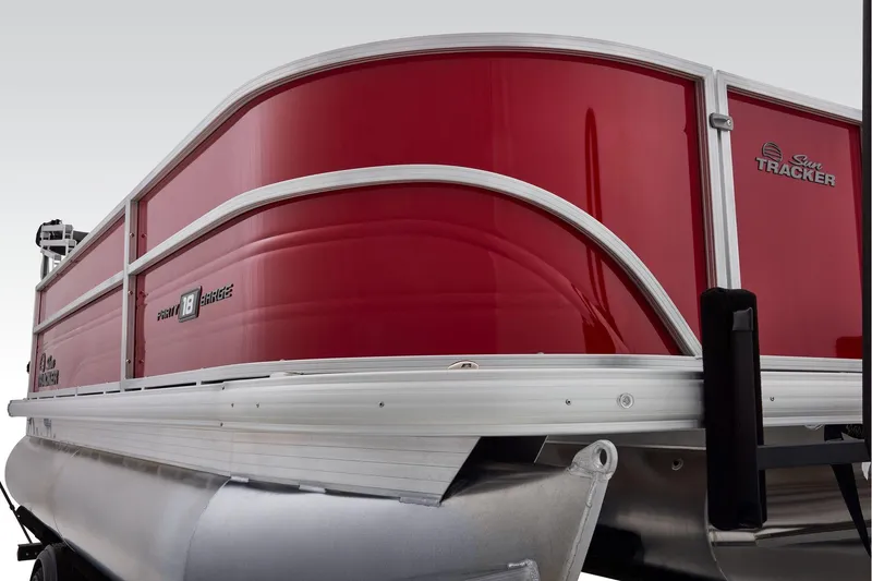 Slide: The Image of Manufacturer Provided Image: 2026 Sun Tracker Party Barge 18 DLX pontoon boat, red exterior, side view. - 33