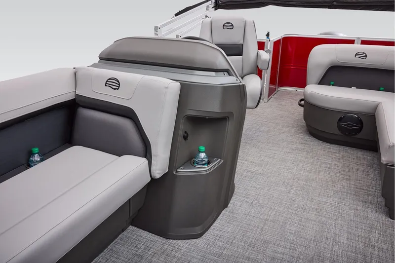 Slide: The Image of Manufacturer Provided Image: 2026 Sun Tracker Party Barge 18 DLX interior with gray seating and modern design. - 40