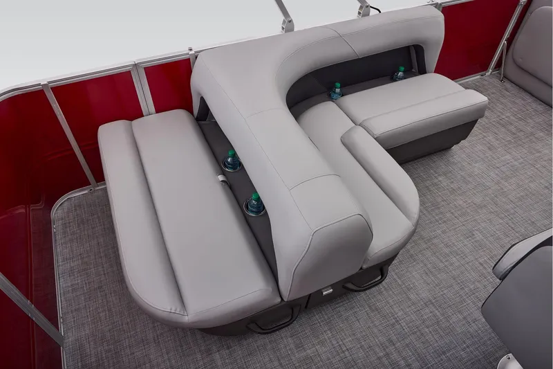 Slide: The Image of Manufacturer Provided Image: 2026 Sun Tracker Party Barge 18 DLX interior with gray seating and red accents. - 53