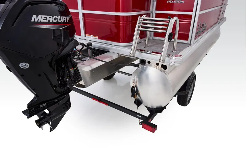 Slide: The Image of Manufacturer Provided Image: 2026 Sun Tracker Party Barge 18 DLX with Mercury outboard motor, rear view. - 60