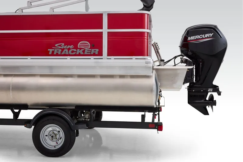 Slide: The Image of Manufacturer Provided Image: 2026 Sun Tracker Party Barge 18 DLX with Mercury outboard motor on trailer. - 63