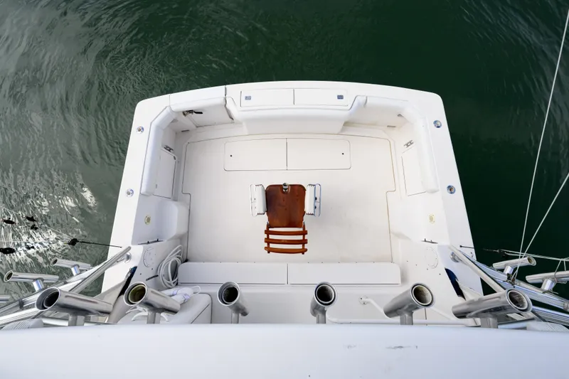 Slide: The Image of Overhead view of 1998 Bertram 36 Moppie boat deck with fishing chair. - 20