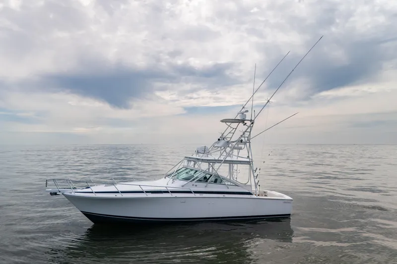 Slide: The Image of 1998 Bertram 36 Moppie boat on calm ocean under cloudy sky. - 3