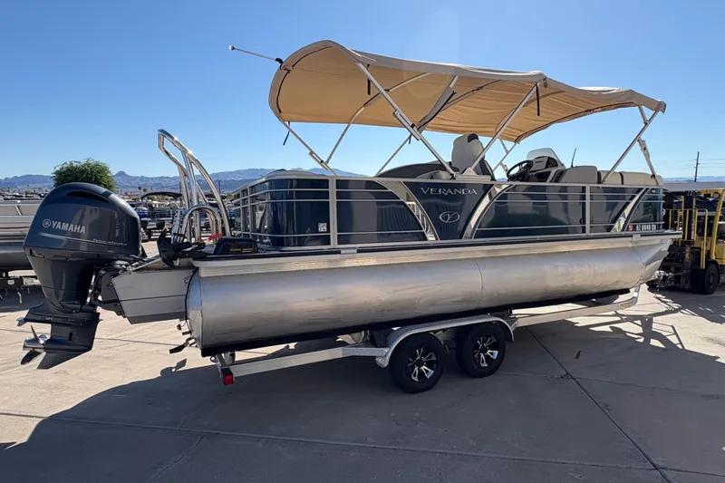 Slide: The Image of 2017 Veranda Relax V2275RFL pontoon boat with Yamaha outboard motor and canopy. - 3