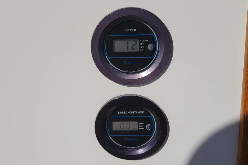 Slide: The Image of Depth and speed gauges on a 1984 Pearson 386 sailboat dashboard. - 24
