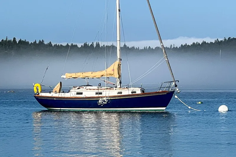 The Image of Sailboat Morris Ocean Series 32, 1989, anchored on misty lake with forest backdrop. - 0