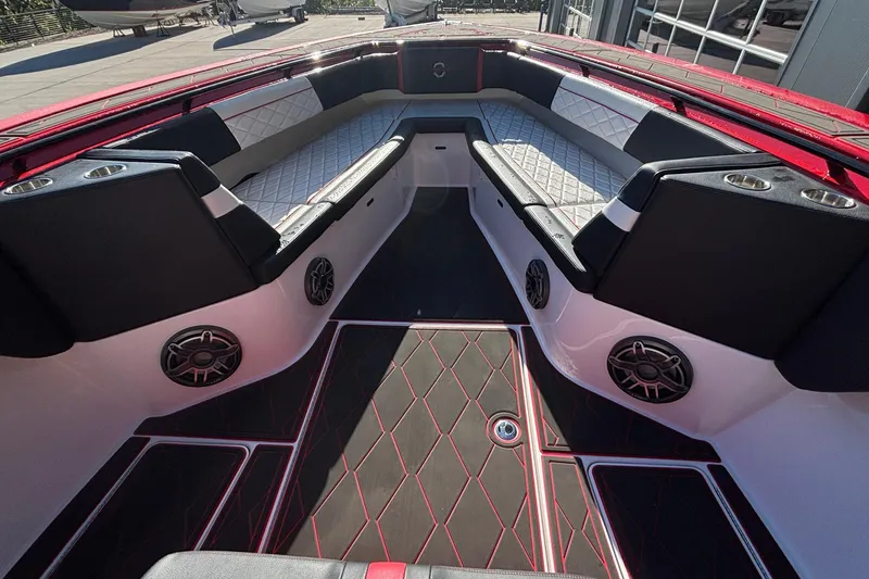 Slide: The Image of 2021 Fountain 38 SC boat interior with luxurious seating and modern design. - 15