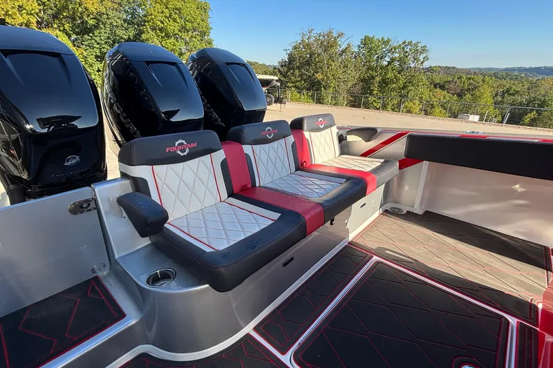 Slide: The Image of 2021 Fountain 38 SC boat interior with stylish seating and powerful engines. - 23