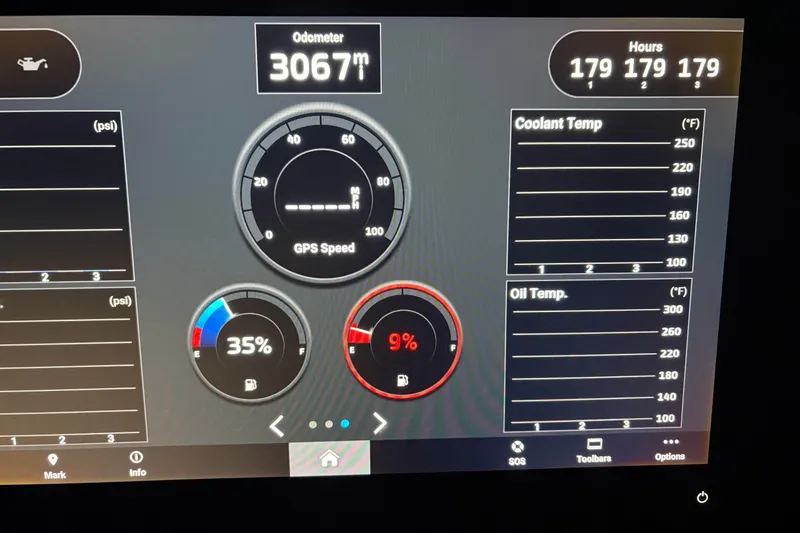 Slide: The Image of Dashboard display of a 2021 Fountain 38 SC boat showing odometer and engine metrics. - 10