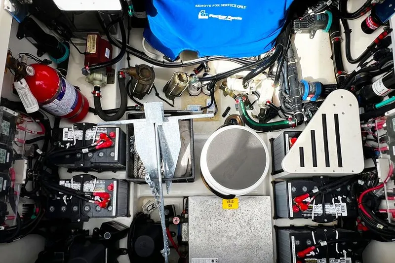 Slide: The Image of Engine compartment of 2018 Boston Whaler 420 Outrage, featuring batteries and fire extinguisher. - 17