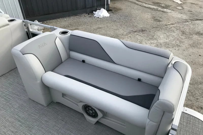 Slide: The Image of 2026 Avalon Venture Cruise Rear Bench with gray upholstery and integrated cup holders. - 10