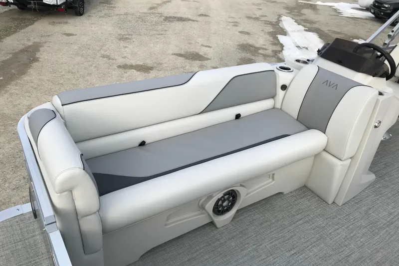 Slide: The Image of 2026 Avalon Venture Cruise Rear Bench with sleek gray and white upholstery. - 9