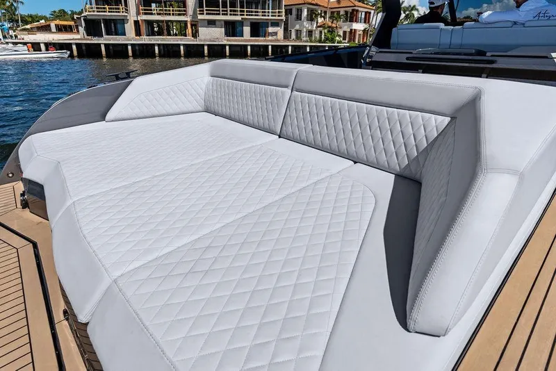 Slide: The Image of Luxurious seating on 2024 Vanquish Yachts 40, featuring elegant diamond-pattern upholstery. - 31