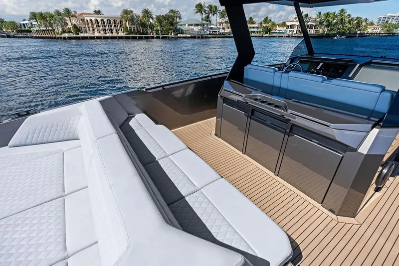 Slide: The Image of Luxurious 2024 Vanquish Yachts 40 interior with sleek seating and modern design on the water. - 34