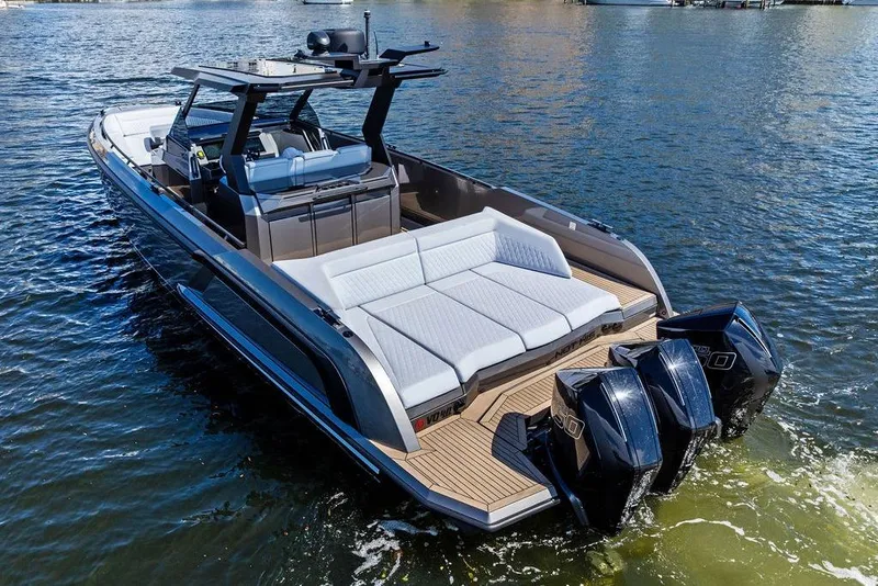 Slide: The Image of 2024 Vanquish Yachts 40 on water, featuring sleek design and powerful engines. - 5