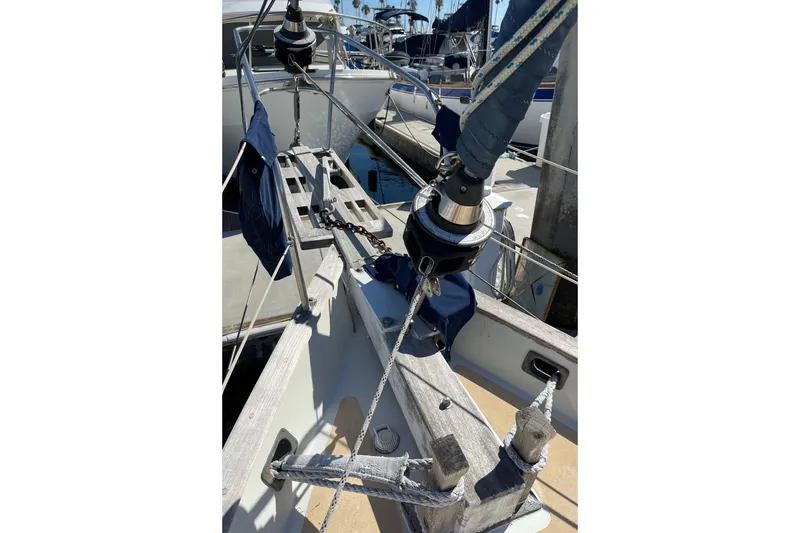 Slide: The Image of 1978 Downeast 38 sailboat deck with rigging and winch details. - 11