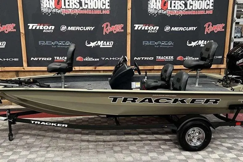 The Image of 2026 Tracker Pro Team 175 boat displayed at Anglers Choice event. - 1