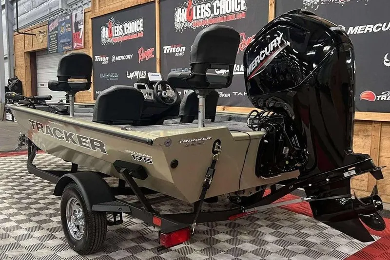 Slide: The Image of 2026 Tracker Pro Team 175 boat with Mercury engine on display. - 3
