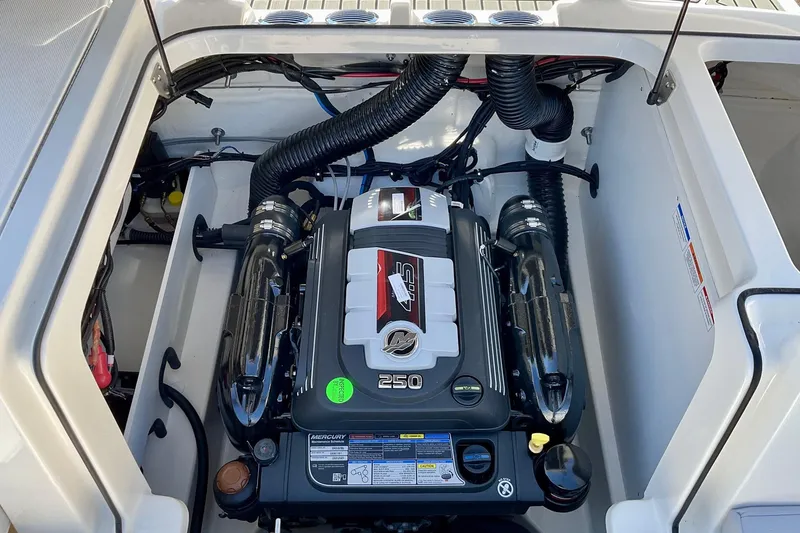 Slide: The Image of Engine compartment of 2026 Bayliner VR6 Bowrider I/O with Mercury 4.5L 250 HP engine. - 21