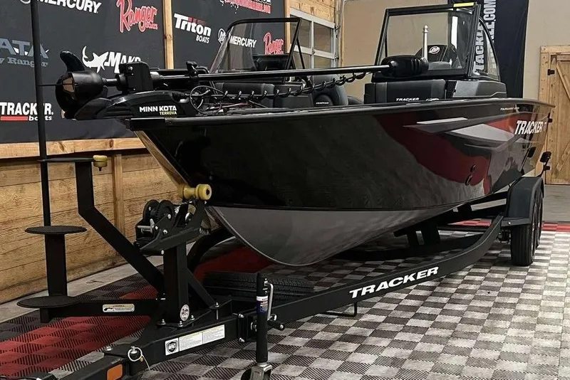 Slide: The Image of 2026 Tracker Targa V-19 Combo boat on display, featuring Minn Kota Terrova motor. - 7