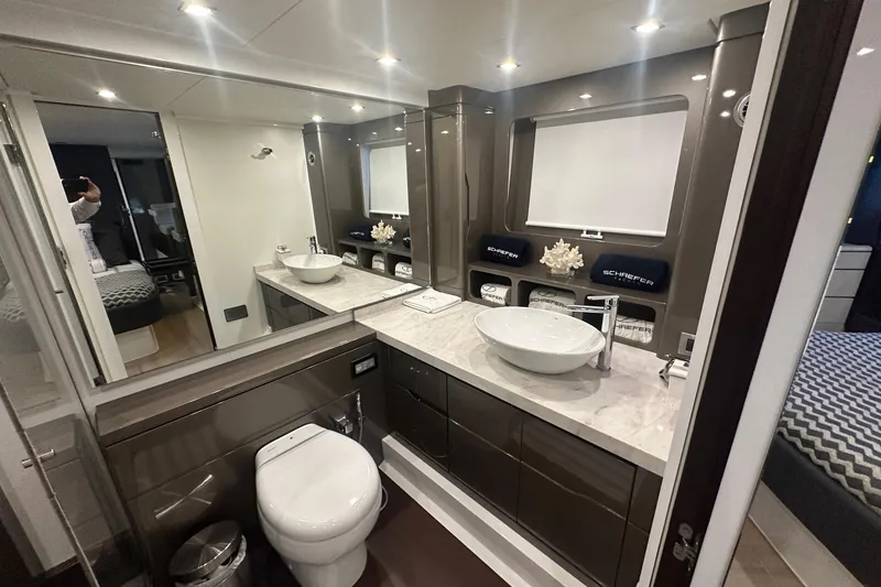 Slide: The Image of Luxurious bathroom in 2023 Schaefer 660 yacht with modern fixtures and elegant design. - 13