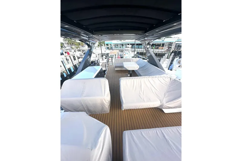 Slide: The Image of Luxurious 2023 Schaefer 660 yacht deck with covered seating and dining area. - 20