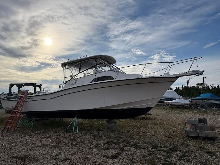 Slide: The Image of 2002 Grady-White Marlin 300 boat on land under cloudy sky. - 1