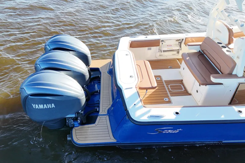 Slide: The Image of 2017 Scout 350 LXF boat with Yamaha engines on water. - 39