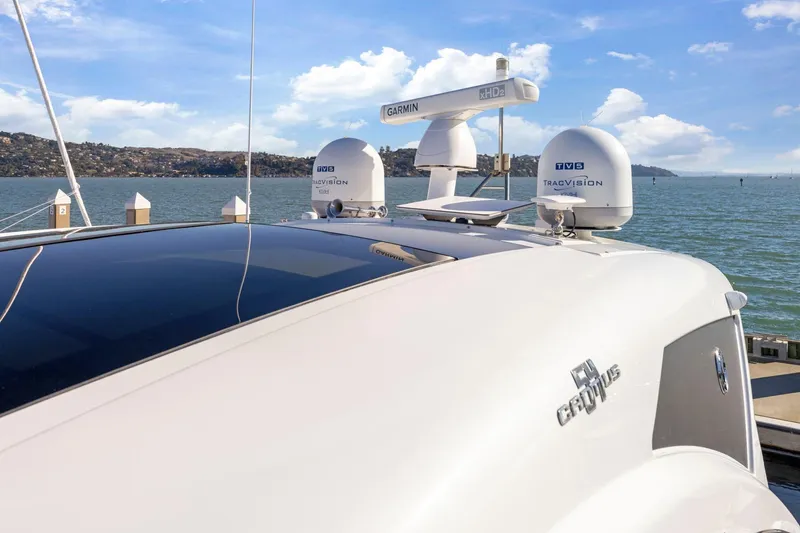 Slide: The Image of 2019 Cruisers Yachts 54 Cantius on water, featuring advanced navigation equipment. - 18