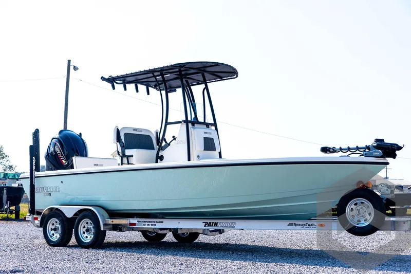 Slide: The Image of 2026 Pathfinder 2200 TRS boat on trailer, featuring sleek design and modern equipment. - 3