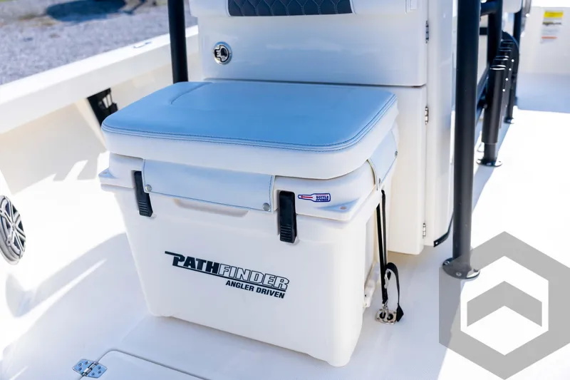 Slide: The Image of 2026 Pathfinder 2200 TRS boat interior with cushioned cooler seat and storage. - 46