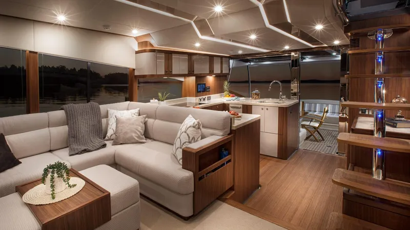 Slide: The Image of Luxurious interior of 2024 Belize 66 Daybridge yacht with modern furnishings and ambient lighting. - 15